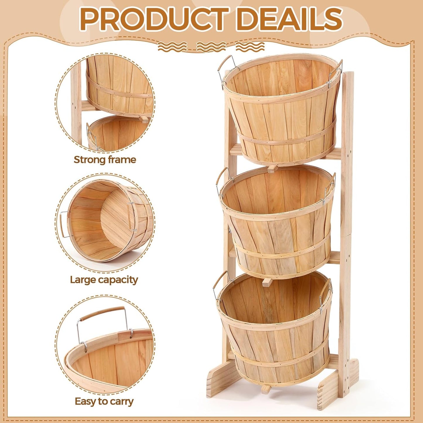 Gerrii 1 Pcs Large Solid Wood Bushel Barrel Display with 3 Half Bushel Basket, Farmers Market Floor Display with Handles, Retail Harvest Basket for Fruit, Vagatables, Candy, Small Crafts, Produce