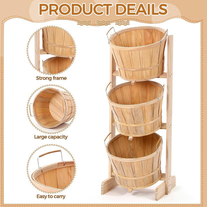 Gerrii 1 Pcs Large Solid Wood Bushel Barrel Display with 3 Half Bushel Basket, Farmers Market Floor Display with Handles, Retail Harvest Basket for Fruit, Vagatables, Candy, Small Crafts, Produce