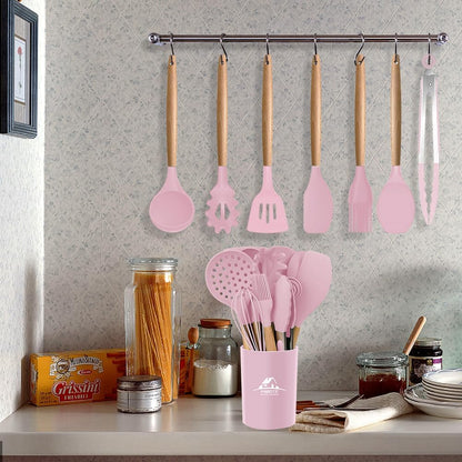 MIBOTE 17 Pcs Silicone Cooking Kitchen Utensils Set with Holder, Wooden Handles Silicone Turner Tongs Spatula Spoon Kitchen Gadgets Utensil Set for Nonstick Cookware (Grey)