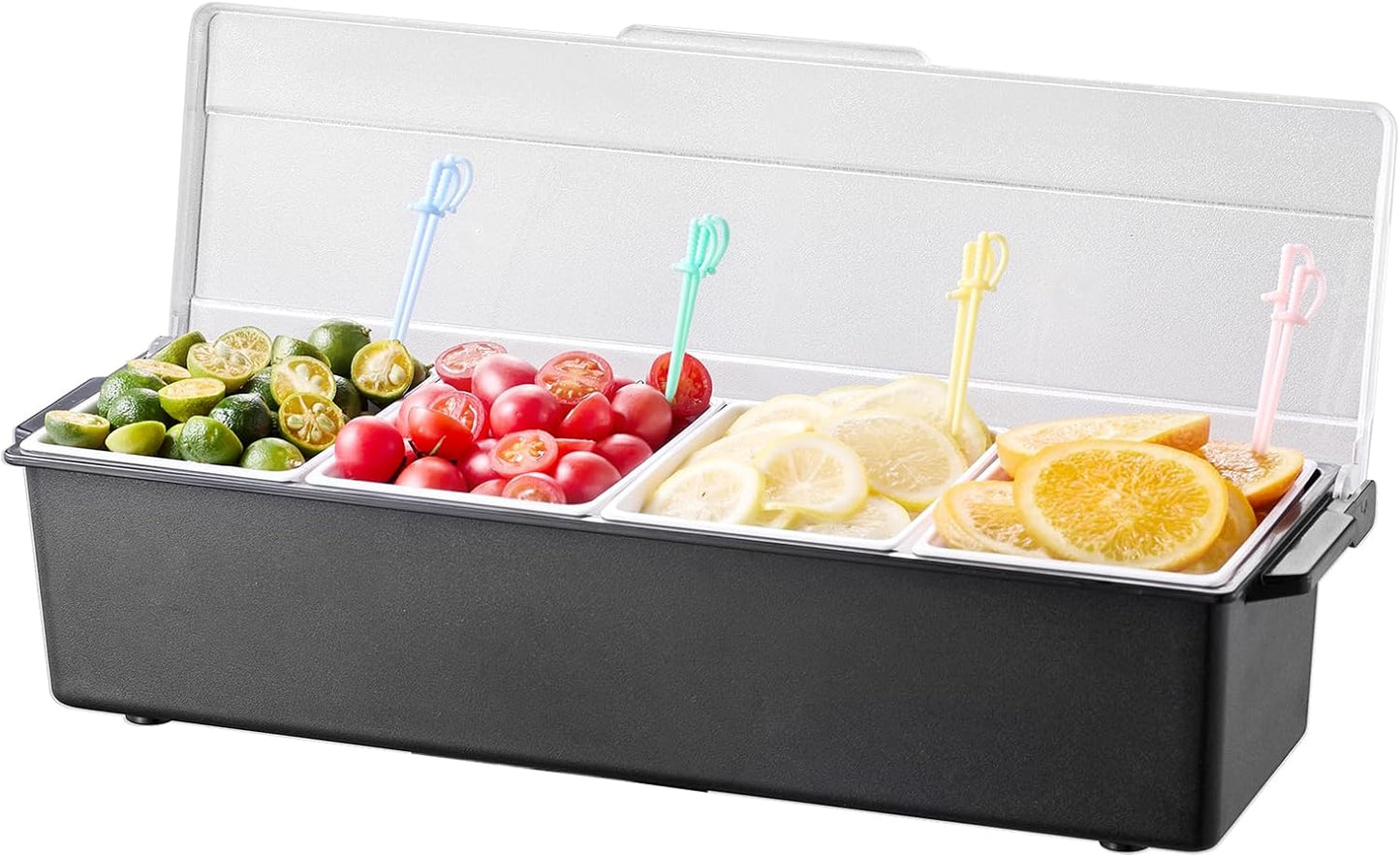 VEVOR Chilled Condiment Server Caddy, 5 Compartment Ice Cooled Serving Container, Plastic Fruit Garnish Tray Platter with Lid, for Taco Salad Bar Accessories, Party Home Restaurant Supplies