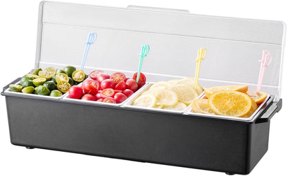 VEVOR Chilled Condiment Server Caddy, 5 Compartment Ice Cooled Serving Container, Plastic Fruit Garnish Tray Platter with Lid, for Taco Salad Bar Accessories, Party Home Restaurant Supplies