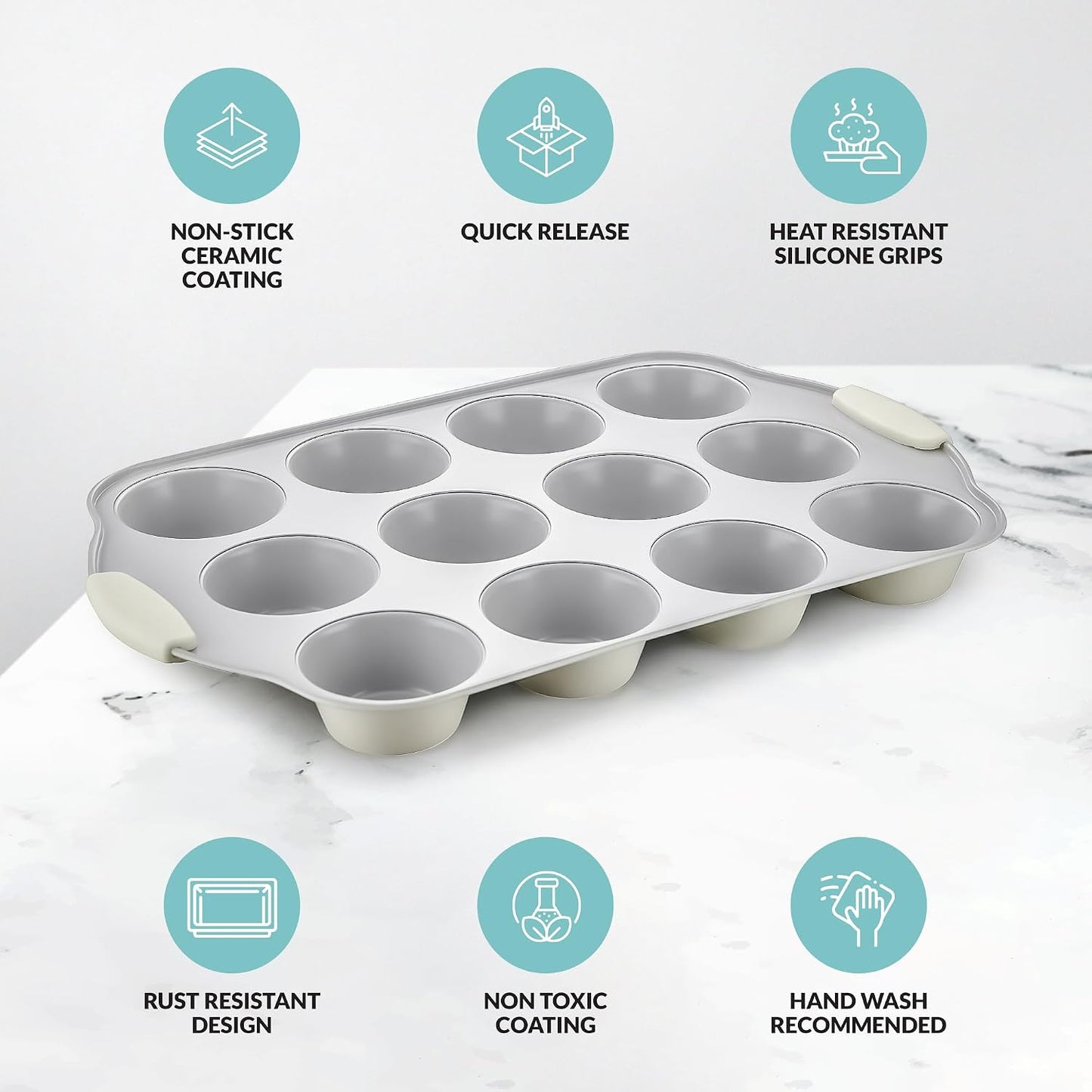 Boxiki Kitchen Non-Stick 12 Cup Silicone Muffin Pan with Steel Frame - BPA Free, Non-Toxic, Anti-Warp, Durable & Easy to Pop Silicone Muffin Tin - Perfect Cupcake Pan