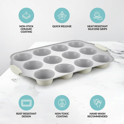 Boxiki Kitchen Non-Stick 12 Cup Silicone Muffin Pan with Steel Frame - BPA Free, Non-Toxic, Anti-Warp, Durable & Easy to Pop Silicone Muffin Tin - Perfect Cupcake Pan