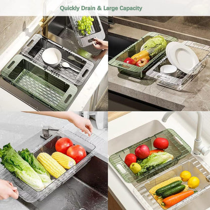 Over the Sink Colander Strainer Basket, Expandable Multifunctional Plastic Colander, Adjustable Drainer Basket, Wash Vegetables and Fruits, Drain Cooked Pasta and Dry Dishes - Green