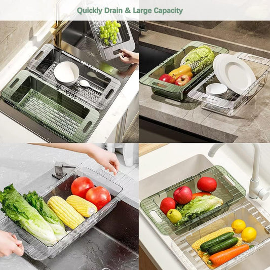 Over the Sink Colander Strainer Basket, Expandable Multifunctional Plastic Colander, Adjustable Drainer Basket, Wash Vegetables and Fruits, Drain Cooked Pasta and Dry Dishes - Green