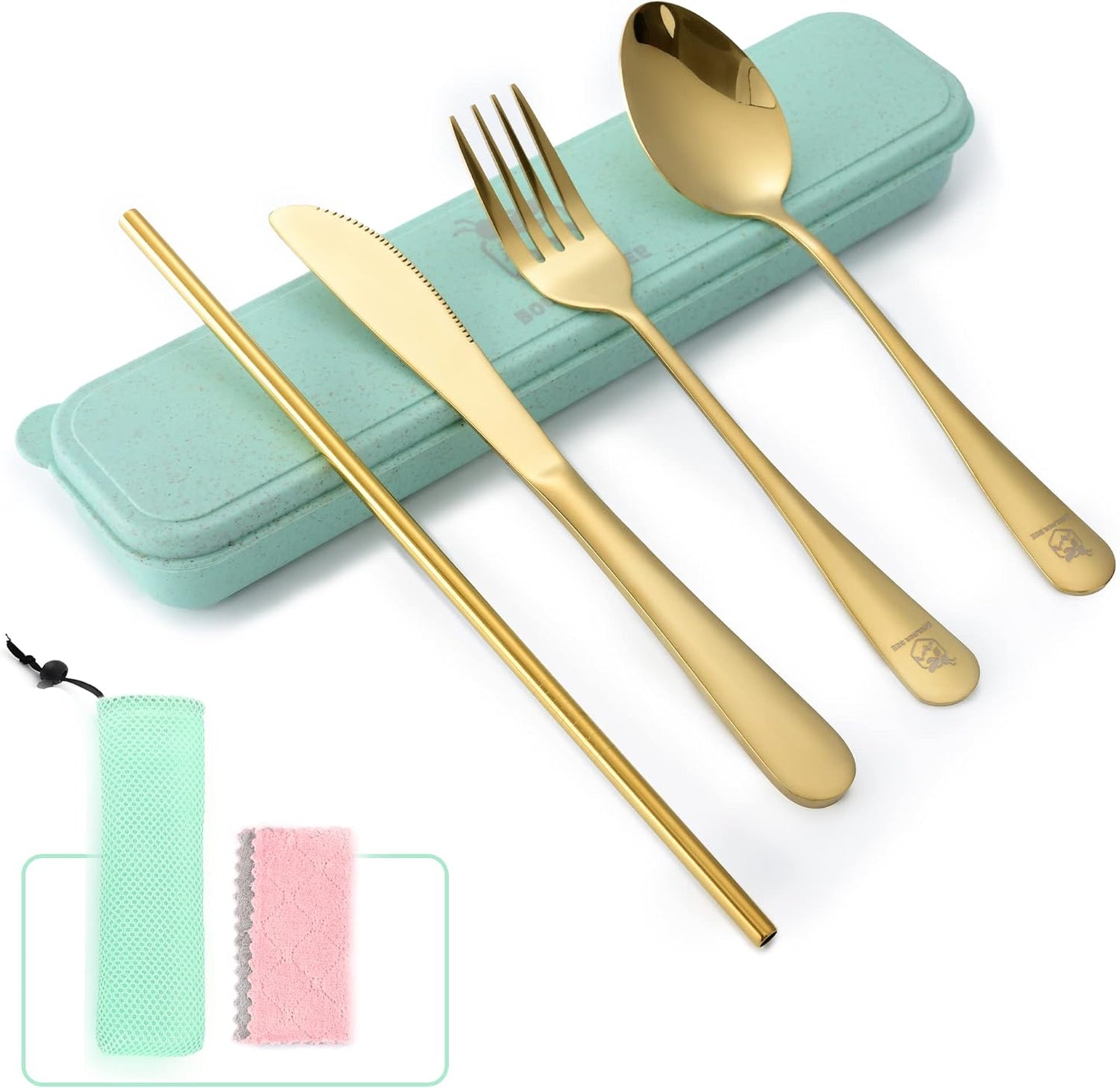 Boulder Bee | Travel Utensils Set | Reusable Camping Cutlery Set | Stainless Steel Flatware Set | Portable Silverware Set with Case | Includes Knife/Fork/Spoon/Straw/Cleaning Cloth/Case (Purple)