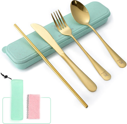 Boulder Bee | Travel Utensils Set | Reusable Camping Cutlery Set | Stainless Steel Flatware Set | Portable Silverware Set with Case | Includes Knife/Fork/Spoon/Straw/Cleaning Cloth/Case (Purple)