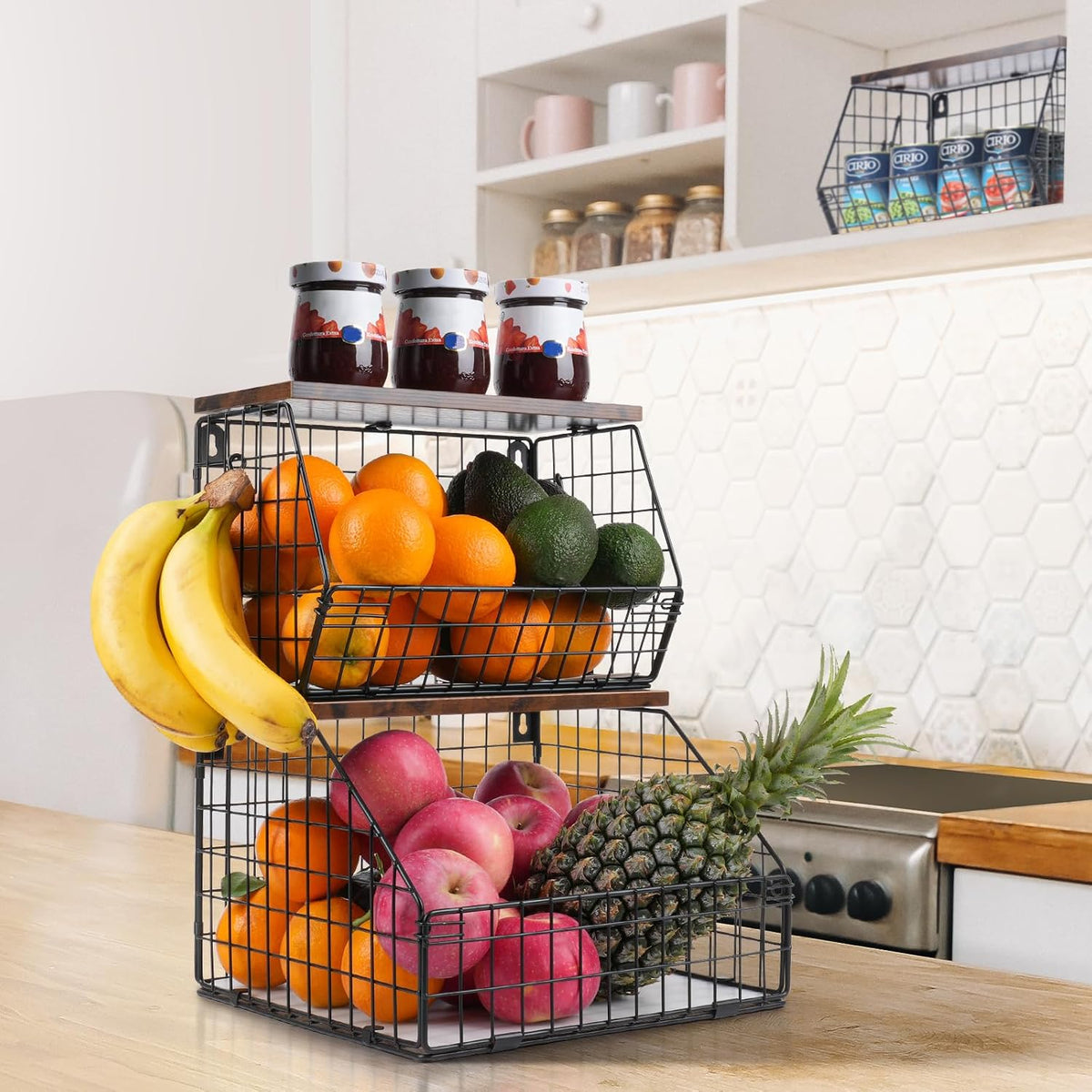 Mefirt Fruit Basket, 2-Tier Fruit Bowl for Kitchen Counter, Stackable Wall Mounted Fruit Storage, Snack Organizer, Potato and Onion Storage Basket, Hanging Pantry Storage with Wood Lid, 2 Set, White