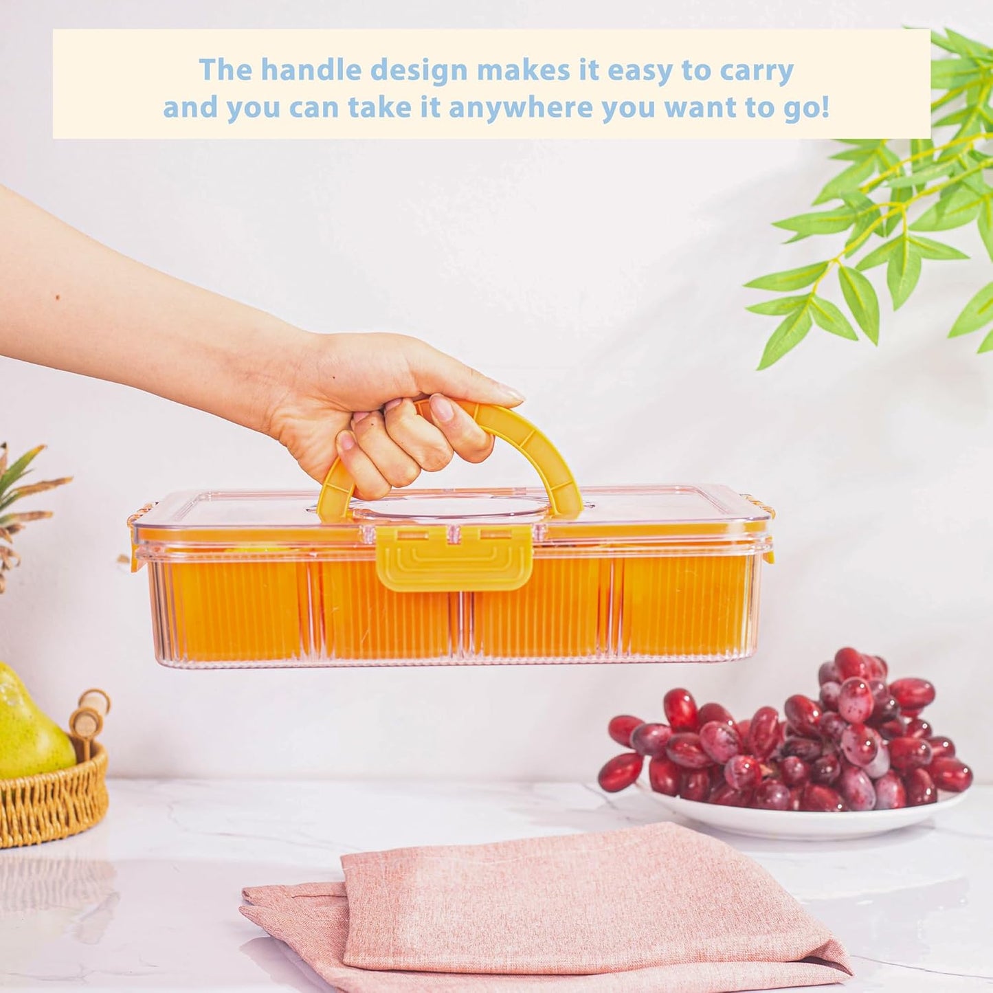 Patent Divided Serving Tray with Lid & Handle - Snackle Box Organizer for Charcuterie, Sandwiches, Veggies, Fruits, Candy - Portable Food Storage for Travel, Beach, Picnics（1 pcs, Orange）