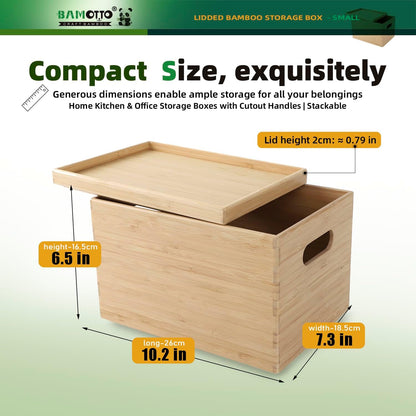 BAMOTTO CRAFTBAMBOO 2-Piece Large Bamboo Storage Box Set - 7.1in High Stackable Deep-Drawer Organizer, Lidless Bin for Kitchen Cutlery Utensils, Home & Office (14.6"x10.2"x7.1"+14.6"x10.2"x3.1")