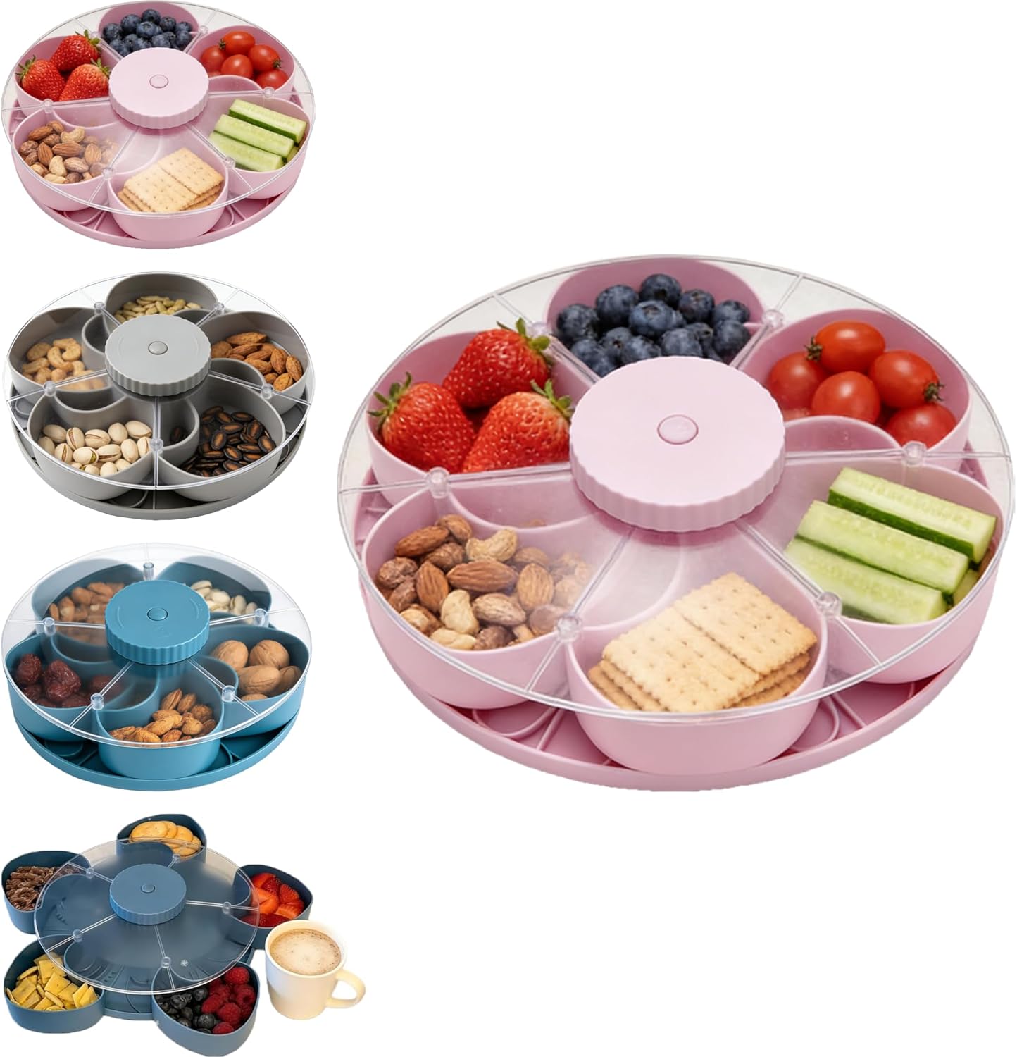 Divided Serving Tray that Spins – Perfect for Snacks, Dips & Party Appetizers with Lid, 5-Compartment Lazy Susan Organizer, Portable Veggie Platter for Party|Travel|Picnic (Blue)