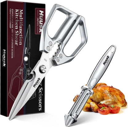 HUUSK Kitchen Scissors All Purpose - Stainless Steel Kitchen Shear, Sharp Silver Meat Scissors Dishwasher Safe, Heavy Duty Poultry Shears, Japanese Cooking Scissor for Food, Christmas Gifts for Women