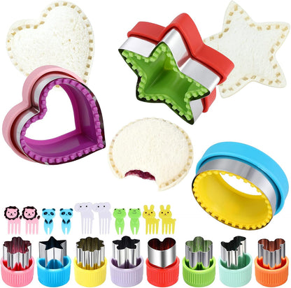 Sandwich Cutter and Sealer,Round Heart Star 3Pcs Shapes Sandwich Decruster Press Mold+8pcs Stainless Steel Mini Vegetable Cookie Cutters,Bread Sandwich Decruster Pancake Maker DIY for Kids Bento