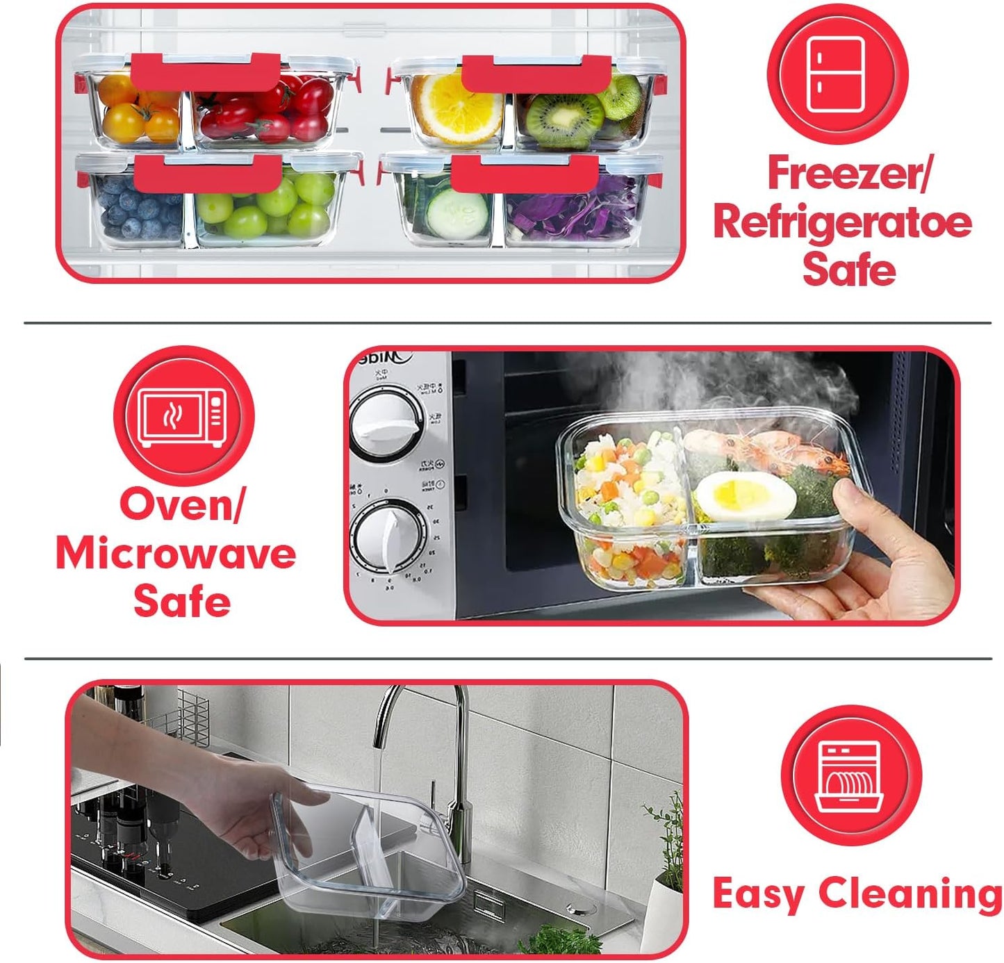 VERONES 10 Pack Glass Meal Prep Containers 2 Compartment Set, 30 OZ Airtight Glass Lunch Containers, Glass Food Storage Containers with Lids, for Microwave, Oven, Freezer & Dishwasher Friendly，Grey