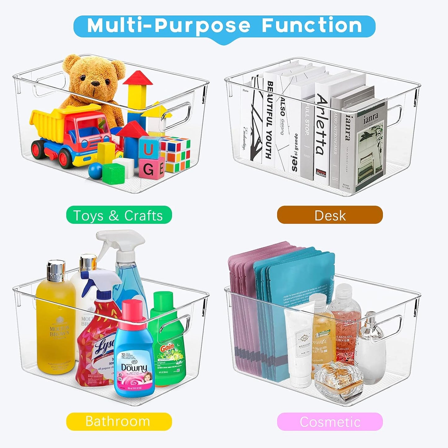 4 Pack Kitchen Organizers - Clear Plastic Storage Bins for Fridge, Pantry, Cabinet, Countertops and Bathroom