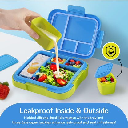 Caperci Bento Box for Kids - Large 4.8 Cups Lunch Box with Two Modular Containers - 4 Compartments, Leak-Proof, Portable Handle, Microwave/Dishwasher Safe, BPA-Free (Jungle Green/Blue)