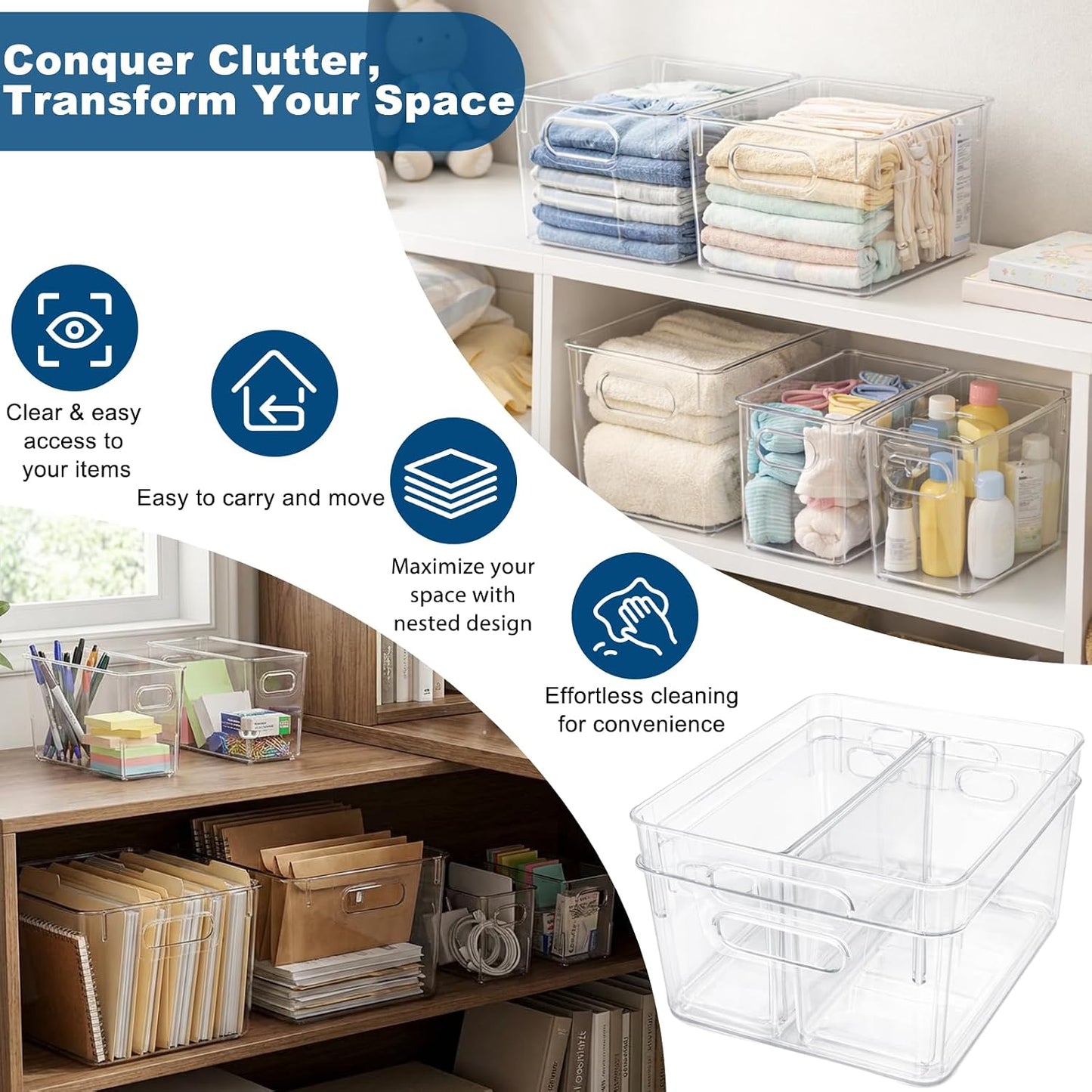 MOONEDGE 6 Pack Clear Organizer Bins 11x8x6in Pantry Organizers and Storage | Clear Containers for Organizing, Plastic Storage Bins with Handles for Drawer, Craft, Fridge, Kitchen Cabinet Shelf
