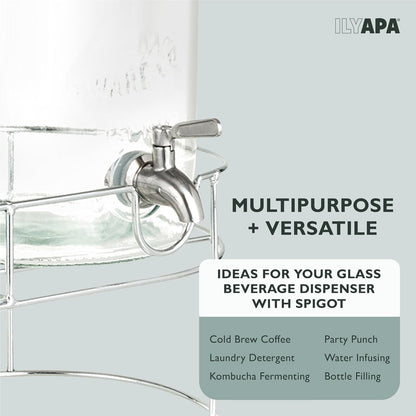 Ilyapa 2 Gallon Glass Beverage Dispenser, Metal Base, Stainless Steel Spigot & Hanging Chalkboard - for Lemonade, Tea, Cold Water & More