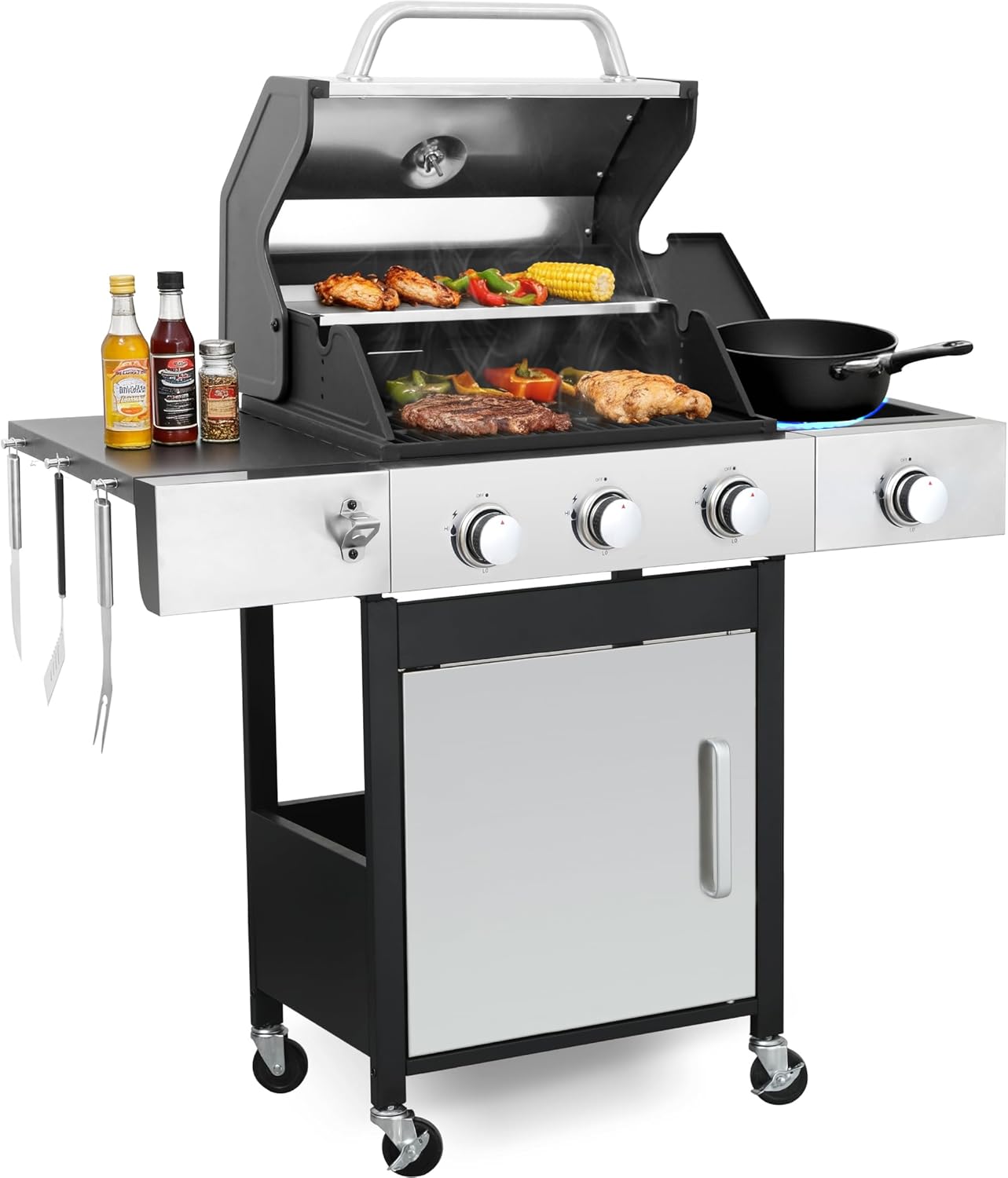 69,000 BTU 6+1 Burner Propane Gas Grill with Cast Iron Grids & Griddle Plate, Double-Wall Stainless Steel Lid – Even Heat, Easy Clean, Perfect for Backyard BBQ
