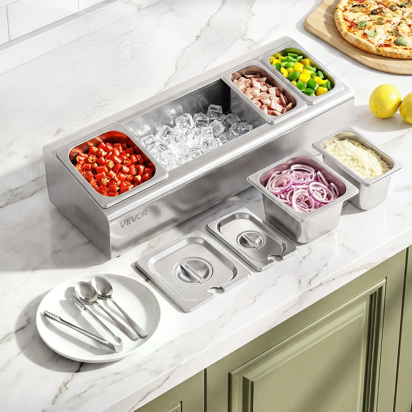 VEVOR Chilled Condiment Server Caddy, 5 Compartment Ice Cooled Serving Container, Plastic Fruit Garnish Tray Platter with Lid, for Taco Salad Bar Accessories, Party Home Restaurant Supplies