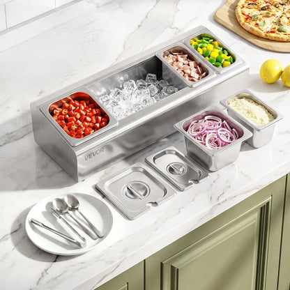 VEVOR Chilled Condiment Server Caddy, 5 Compartment Ice Cooled Serving Container, Plastic Fruit Garnish Tray Platter with Lid, for Taco Salad Bar Accessories, Party Home Restaurant Supplies