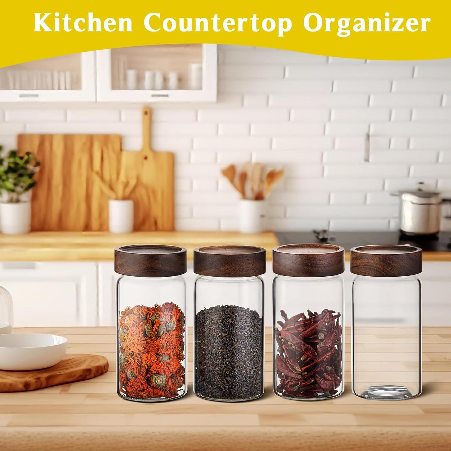6 pc Glass Spice jars Glass Jars with Screw Lid 5 oz Acacia Wood Glass Herb Sugar Coffee Bean Ground Container Food Storage Canister for Candy Pantry Tea Seasoning Meal Prep Snack (6*150ml(5oz))