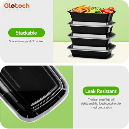 Glotoch 10-Pack Meal Prep Containers with Lids (20-Piece Set), 24 oz Reusable Food Storage Containers, Heavy-Duty Leakproof Bento Boxes, BPA-Free, Microwave/Freezer/Dishwasher Safe, Black
