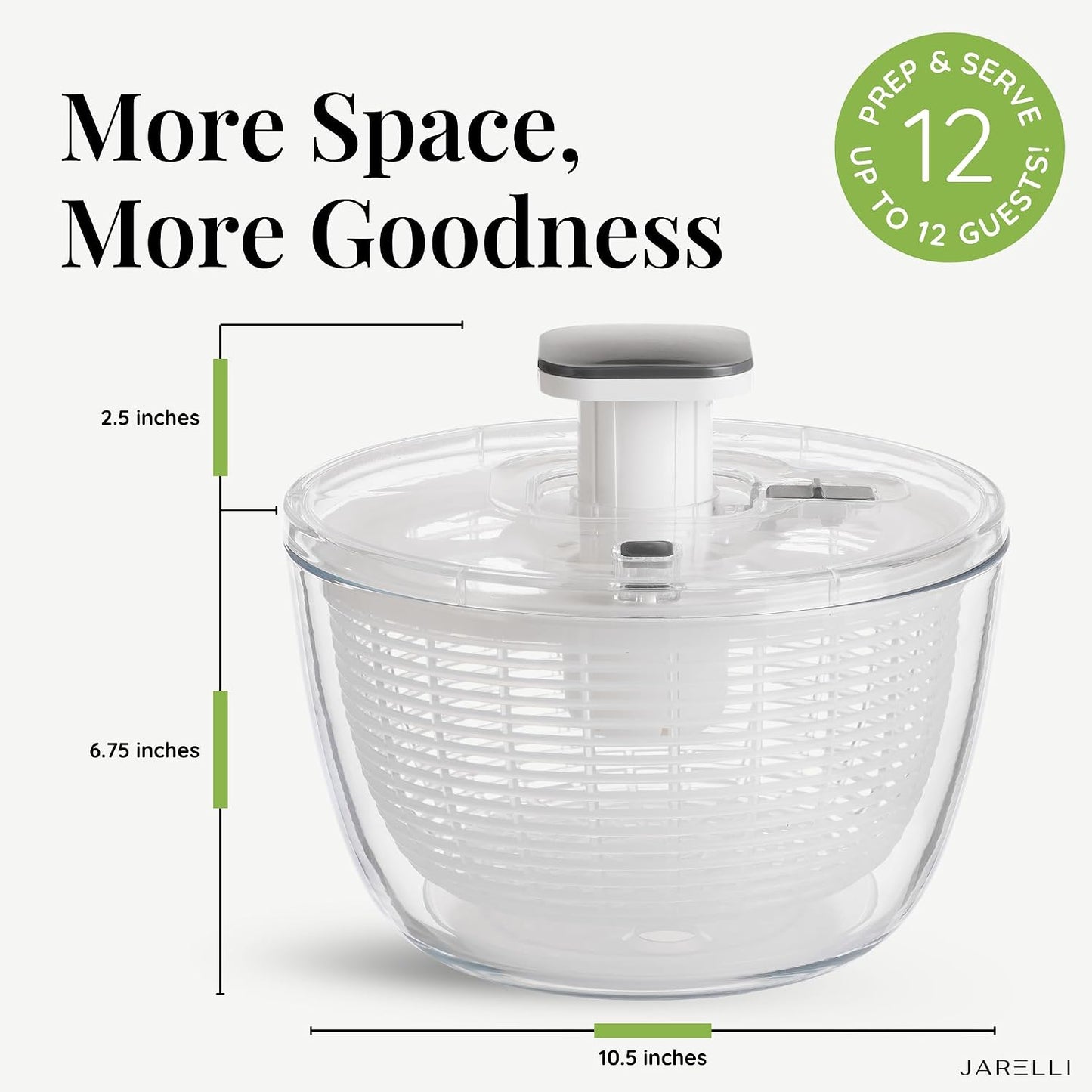 Glass Salad Spinner with Storage Lid, 6 Quart Borosilicate Bowl, Push Button Drying Lid, BPA-Free Draining Basket Doubles as Serving Bowl & Colander, Lettuce, Vegetable, & Fruit Washer