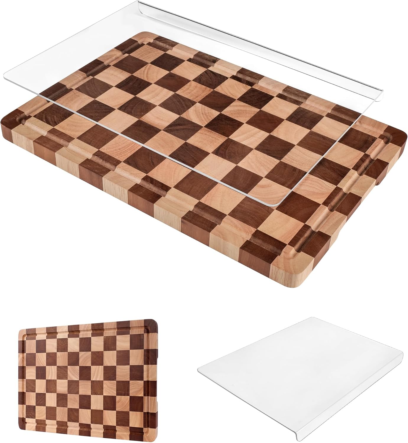 Cutting Board Set of 2 – Checkered Wood & Acrylic Cutting Board with Counter Lip for Kitchen Counter, Wood Checkerboard Chopping Board with Juice Grooves for Vegetables, Fruits, Meat