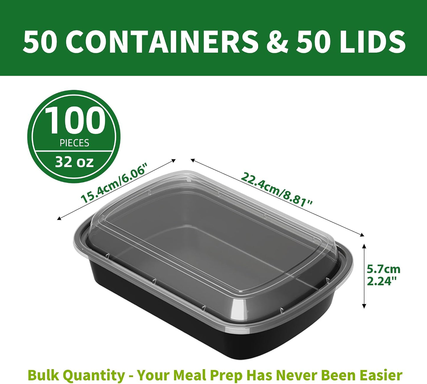 Meal Prep Containers, 50 Pack 58oz (100-Piece) Disposable Take Out Food Storage Containers with Leakproof Lids, Large Plastic To Go Lunch Boxes, BPA Free, Microwave/Dishwasher/Freezer Safe