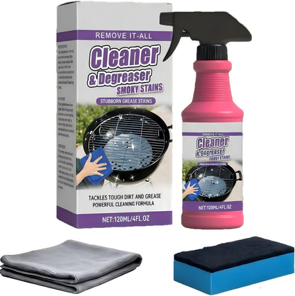 Heavy Duty Grill Degreaser Spray, 2026 Upgrade Heavy Duty Grill Grease Eraser Spray with Cloth Sponge Scrubber Set,Remove Stubborn Grease Smoky Stains Outdoor BBQ Smoker Grates (2)