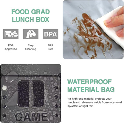 Kids Gamer Lunch Box for Boys, Game Console Insulated Lunch Bag, PU Leather Waterproof Lunchbox with Mesh Pocket, Durable Leakproof Lunch Tote Fits Bento Box for School