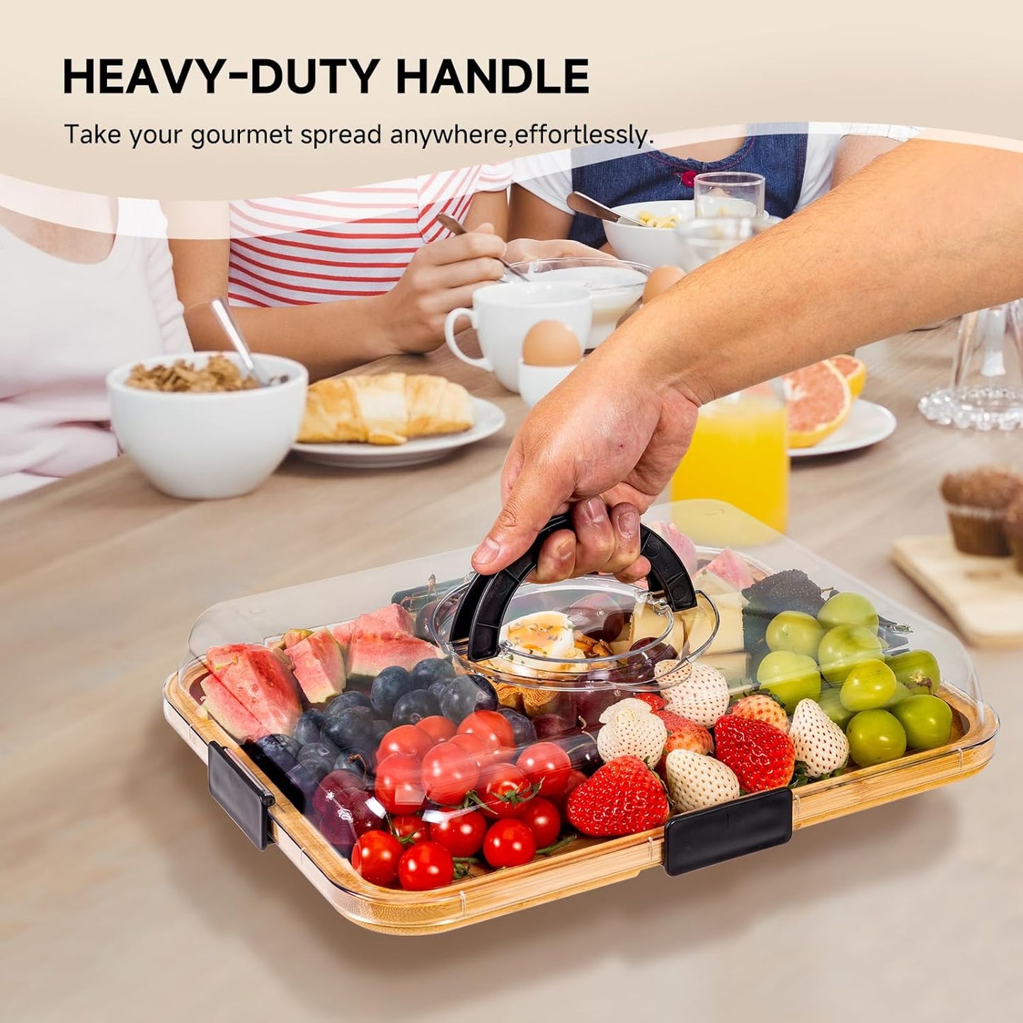 Charcuterie Board with Clear Locking Lid, Portable Travel Cheese Board & Snack Tray with Handle, 6-Compartment Charcuterie Boards, Reversible Cutting Board for Parties, Potlucks, Housewarming Gifts