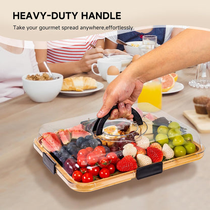 Charcuterie Board with Clear Locking Lid, Portable Travel Cheese Board & Snack Tray with Handle, 6-Compartment Charcuterie Boards, Reversible Cutting Board for Parties, Potlucks, Housewarming Gifts