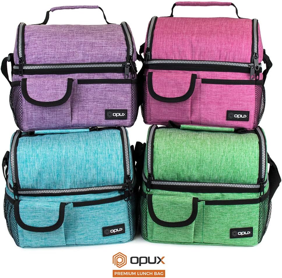 opux Insulated Lunch Bag Women Men, Dual Compartment Leakproof Lunch Box Adults Kids, Double Decker Meal Prep Bento Lunch Cooler Tote with Shoulder Strap for Work Office School Travel, Floral Purple