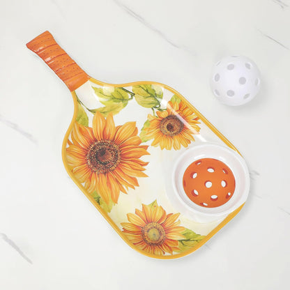 UPware Flamingo Melamine Chip and Dip Snack Tray, Tropical Floral Pickleball Paddle Shape Platter for Chips, Salsa, Fruits, and Appetizers, 15.75 x 8 Inch