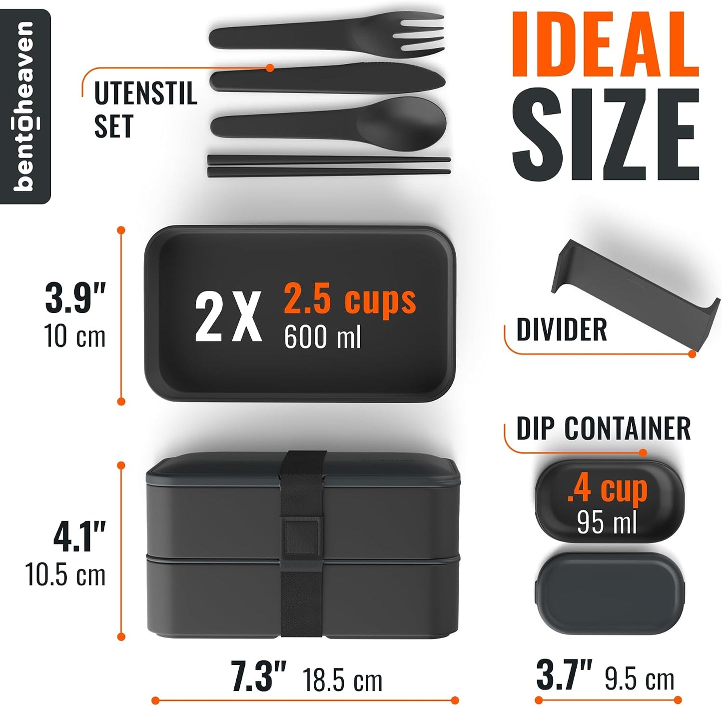 Bentoheaven Premium Bento Box Adult Lunch Box with Compartments for Women & Men, Set of Utensil & Chopsticks & Dip Container, Cute Japanese Kids Bento Lunch Box, Microwavable (Symph Onyx)
