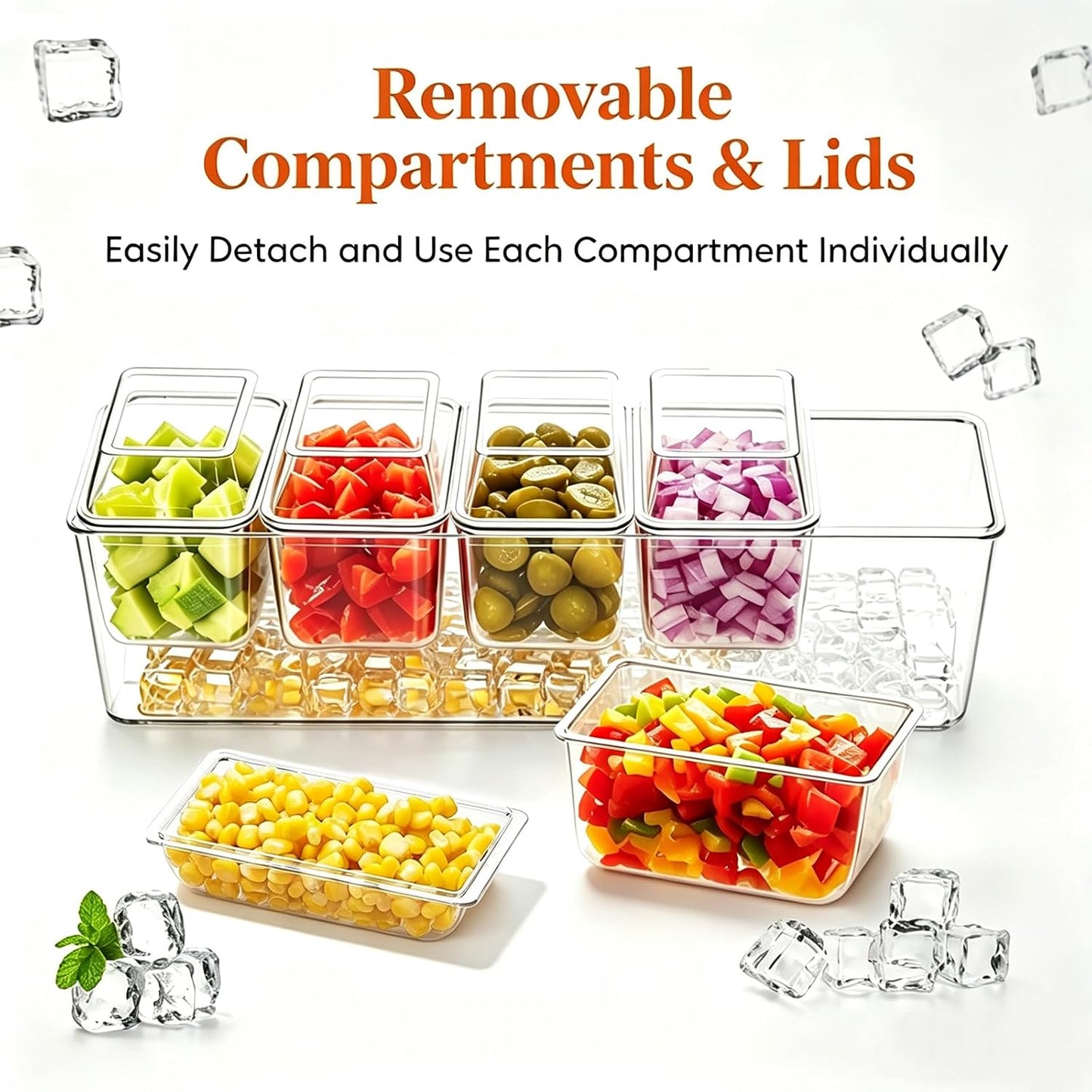 Ice Chilled Condiment Caddy, Clear Condiment Tray with 5 Containers & Lids & Accessories, Ice Garnish Serving Platter for Taco Party & Mimosa Bar, Lemonade Stand, Buffet Hosting (5PC/Set)