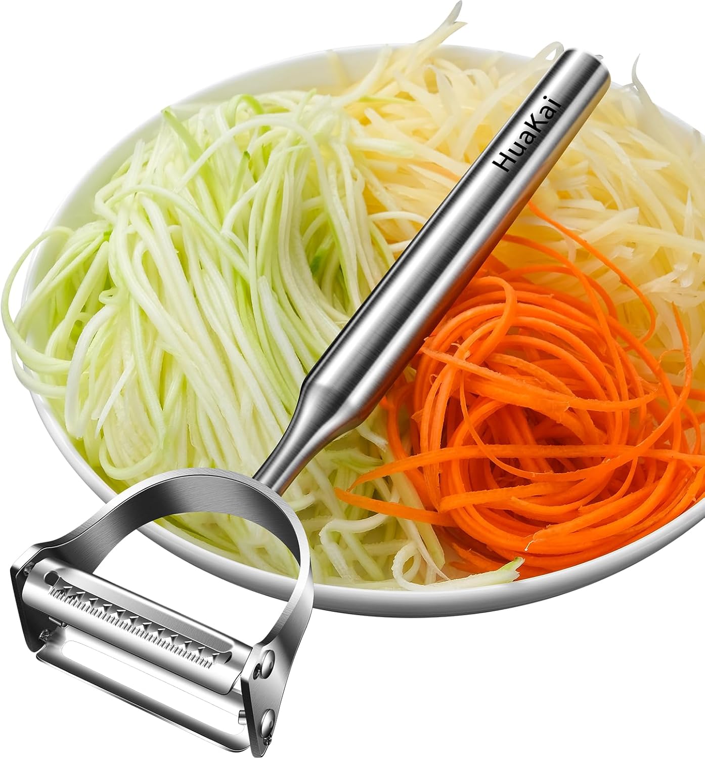 2 in1Julienne Vegetable Peeler,Stainless Steel Silver | Multi functional Peeler one-piece metal construction prevents the blades from wobbling or becoming loose after prolonged use