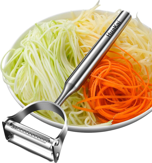 2 in1Julienne Vegetable Peeler,Stainless Steel Silver | Multi functional Peeler one-piece metal construction prevents the blades from wobbling or becoming loose after prolonged use