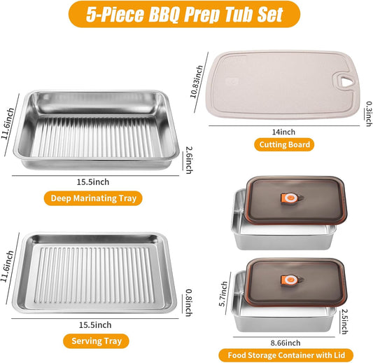 5-in-1 Grill Carry System, Drip EZ BBQ and Meal Prep Tub, Meat Platter for Serving, Grill Prep Tray with Cutting Board for Outdoor Grill, Marinating Container with Lid, Stainless Steel