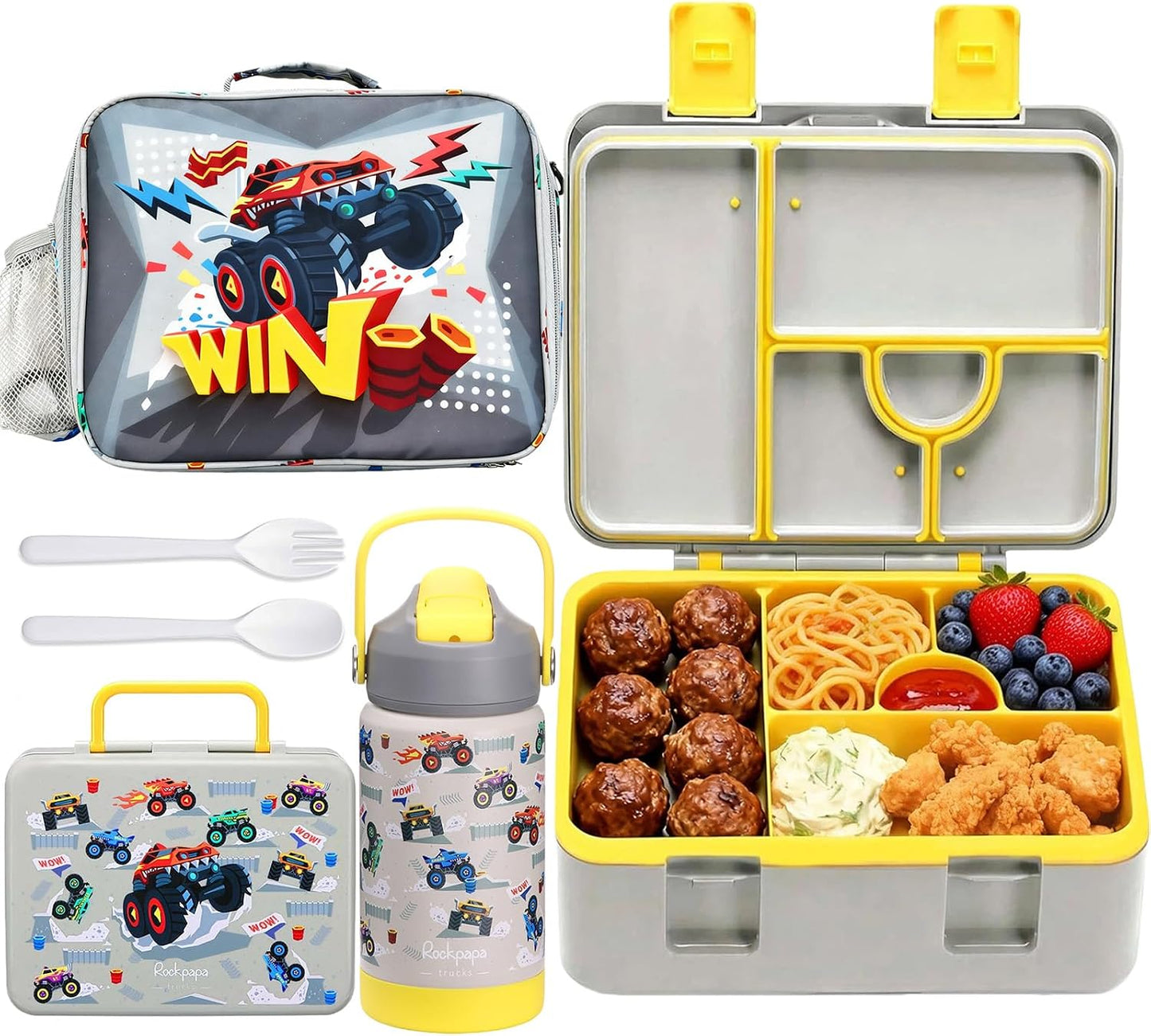rockpapa Kids Lunch Box Set with 14oz Insulated Water Bottle & Lunch Bag, Leakproof 5.5 Cups Bento Box for School & Children, BPA-Free, Microwave Safe for Boys Girls (Grey Constr Turcks)