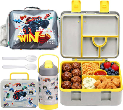 rockpapa Kids Lunch Box Set with 14oz Insulated Water Bottle & Lunch Bag, Leakproof 5.5 Cups Bento Box for School & Children, BPA-Free, Microwave Safe for Boys Girls (Grey Constr Turcks)