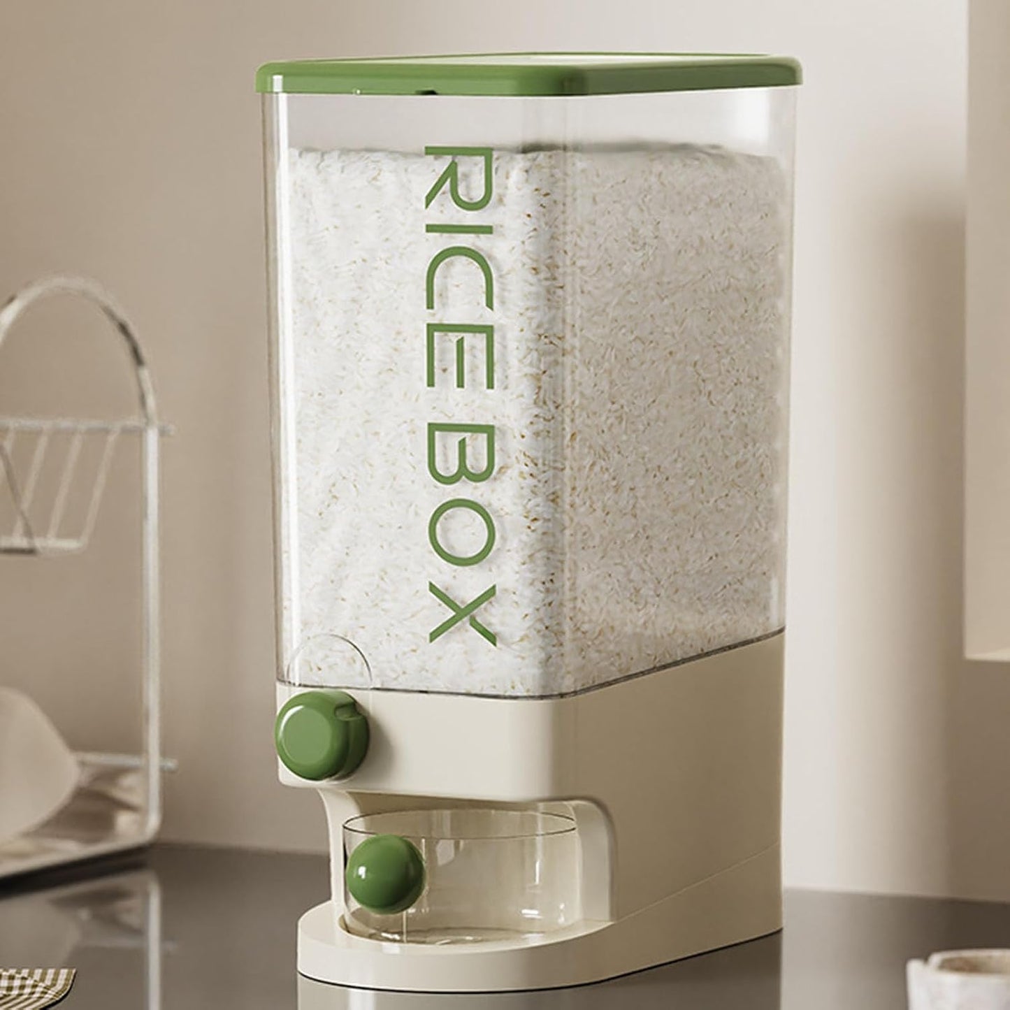 TARSHYRY Rice Dispenser, Large Capacity 10kg Airtight Space Saving Grain Storage Container with Measuring Cup, for Rice Beans Corn Tapioca (Green)