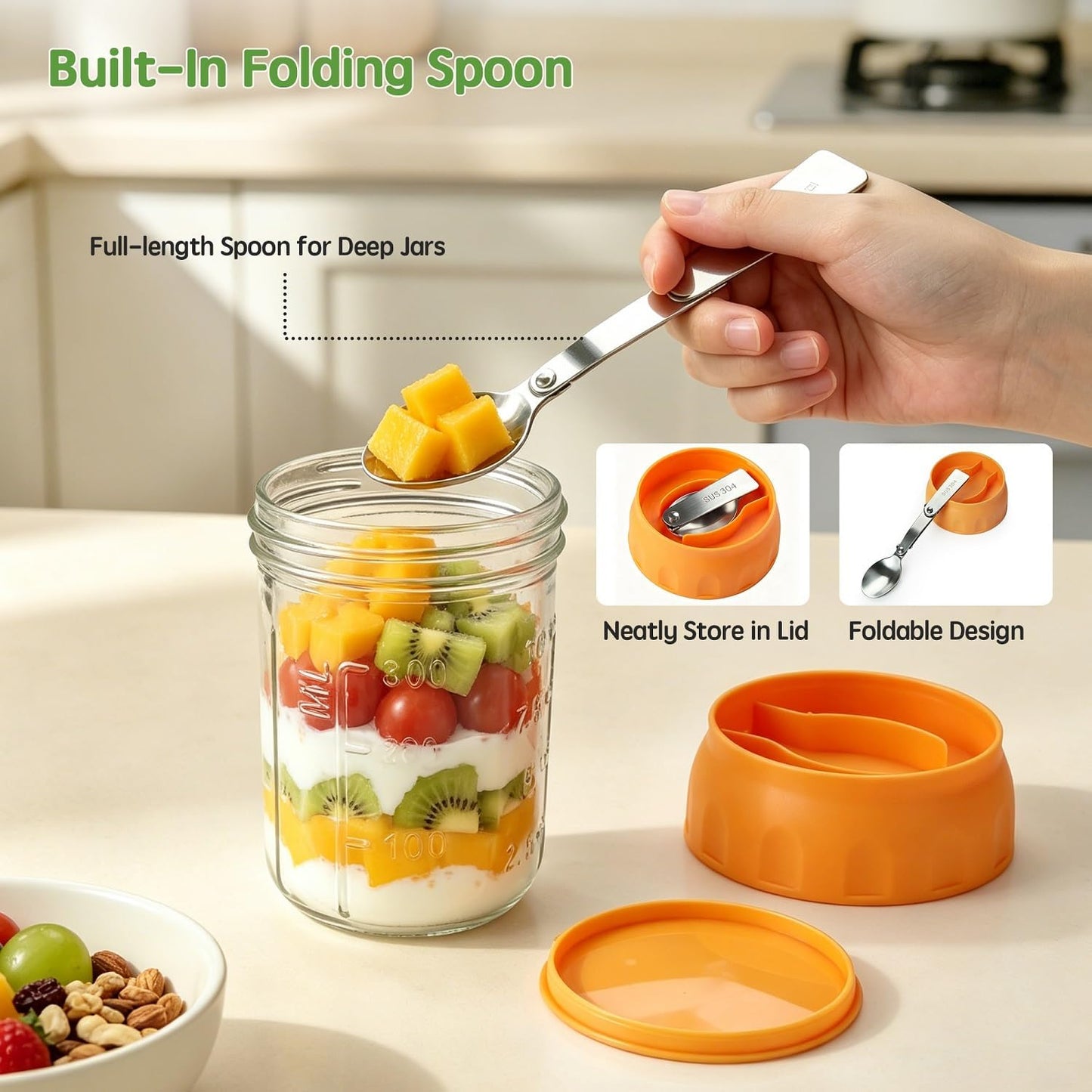 Overnight Oats Containers with Lids and Spoons - 4 Pack 16 oz Glass Mason Jars with Separate Compartments Airtight Overnight Oat Jars Leakproof Yogurt Parfait Cup for Oatmeal Chia Pudding Cereal Salad
