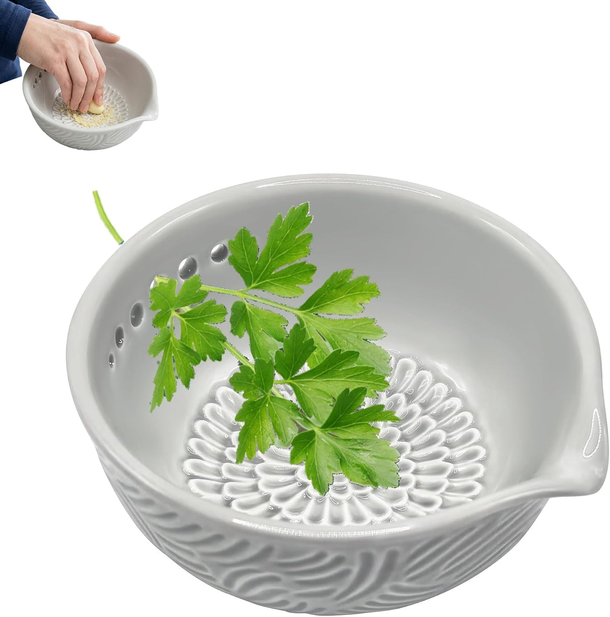 Ceramic Herb Stripper and Garlic Ginger Grater Bowl, 3-in-1 Kitchen Tool
