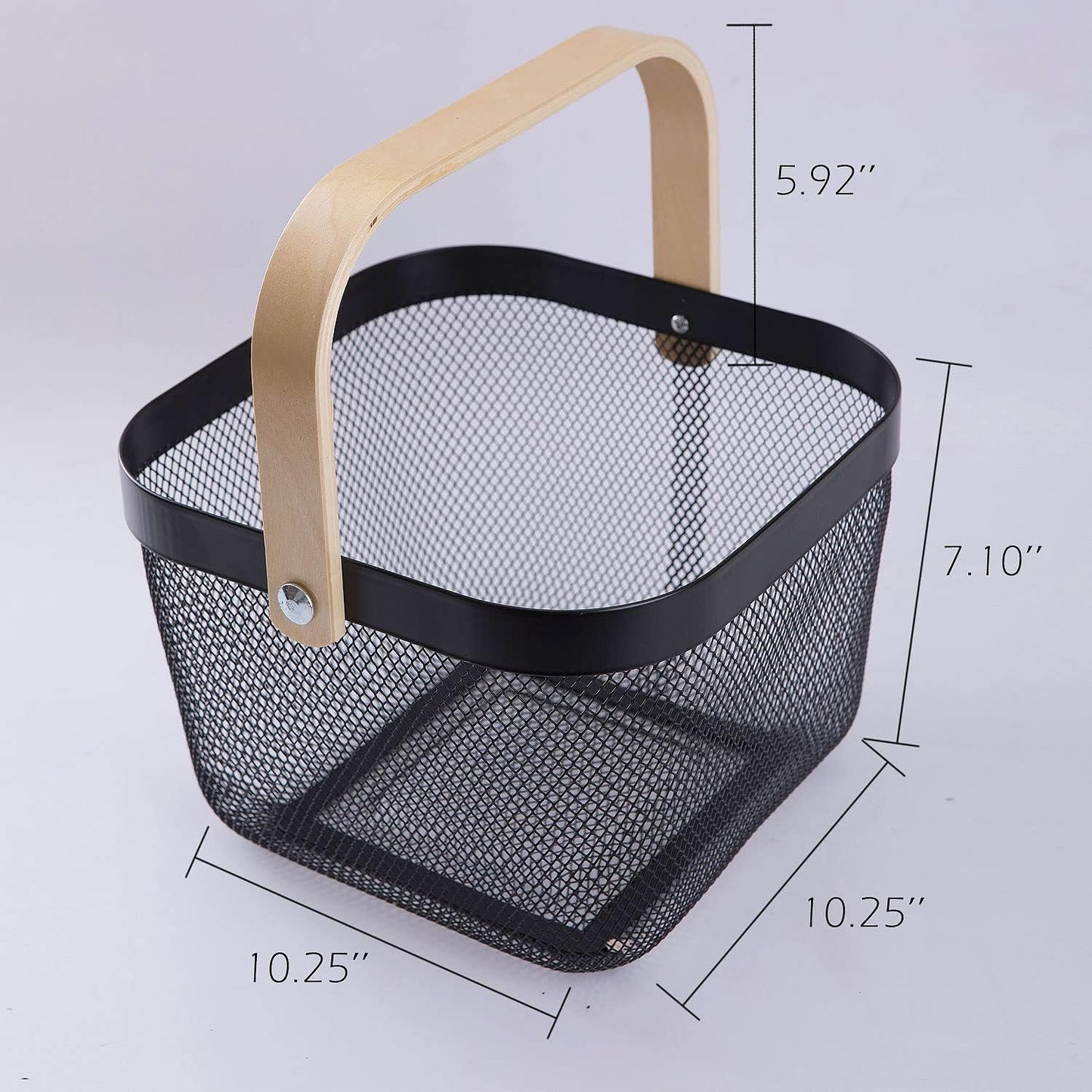 IBWell Square Metal Wire Woven Fruit Storage Bowl Basket with Wooden Handle, Large Black Mesh Fruit Stand, Multi-function Hanging Kitchen Baskets (White, Normal)