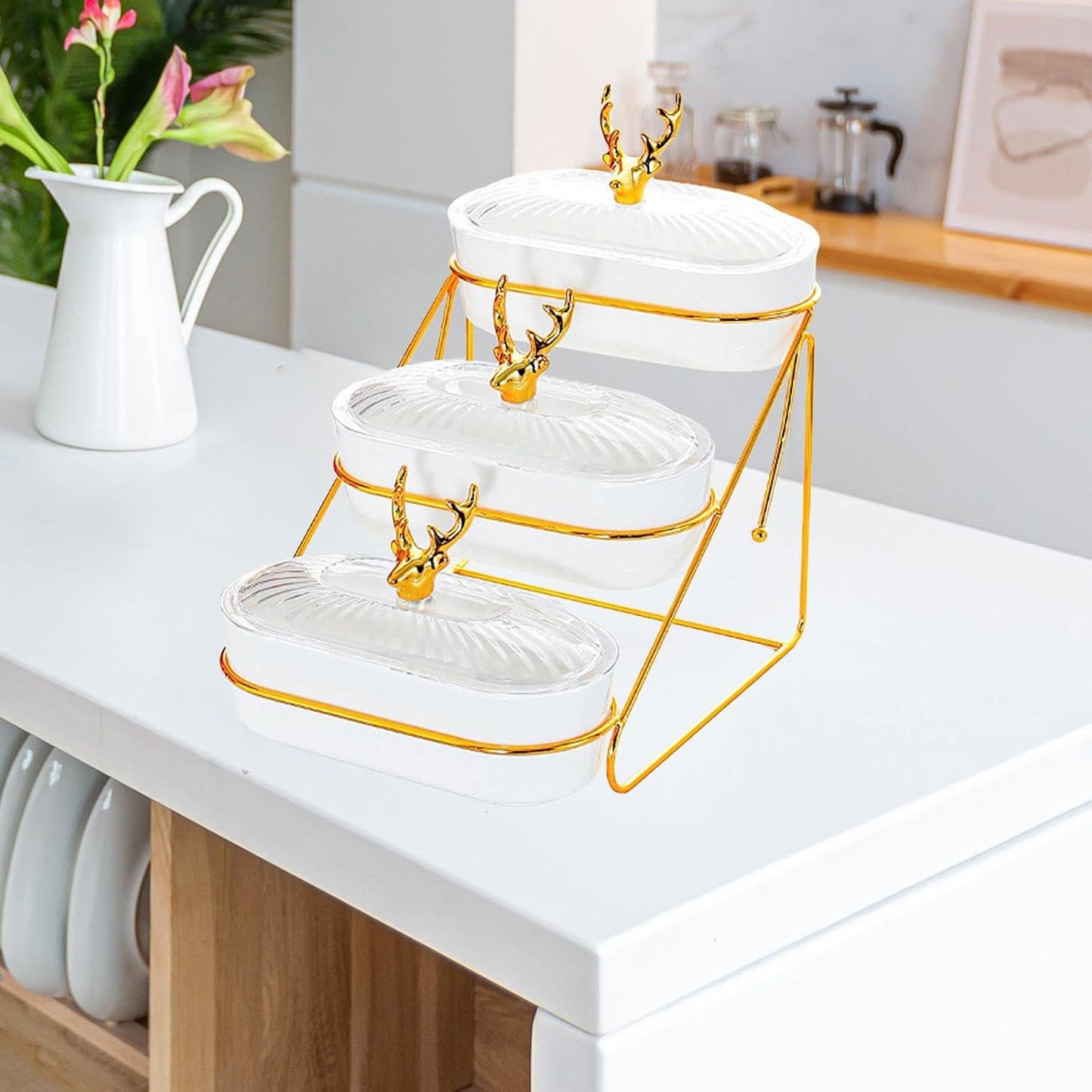 Dried Fruits Tray Snack Plates with Holder with Lid Fruit Bowls Tier Fruit Stand Serving Tray for Snack Cupcake Nuts Candies, white, 3 layer