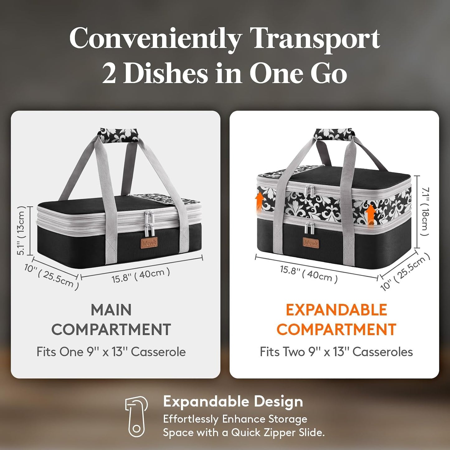 Lifewit Insulated Double Decker Casserole Carrier, Expandable Lasagna Lugger Tote Bag for Hot or Cold Food, Fits 9" x 13" Baking Dish for Potluck Parties, Picnic and Cookouts, Grey-Geometric