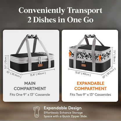 Lifewit Insulated Double Decker Casserole Carrier, Expandable Lasagna Lugger Tote Bag for Hot or Cold Food, Fits 9" x 13" Baking Dish for Potluck Parties, Picnic and Cookouts, Grey-Geometric